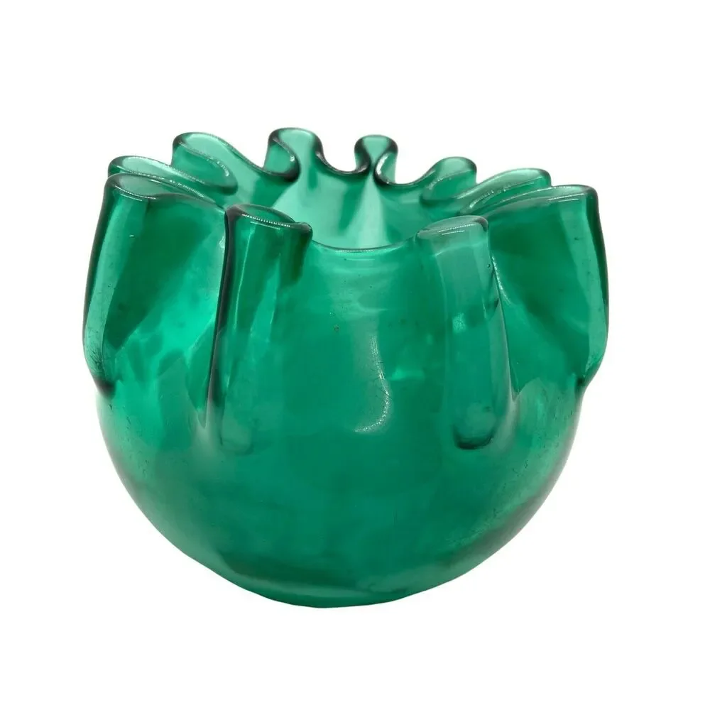 Art Glass Pinch Pot Vase Bowl Handmade Green Hand Blown Decorative Heavy